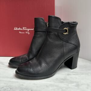 Ferragamo Florian‎ Short Leather Boots With Gold Detail Black 10B